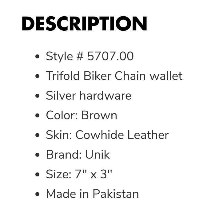 5707- Brown Cowhide Biker Chain Wallet 7" x 3"