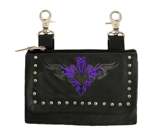 2156.17- Cowhide 8" x 5" Purple Tribal Heart Clip on Bag