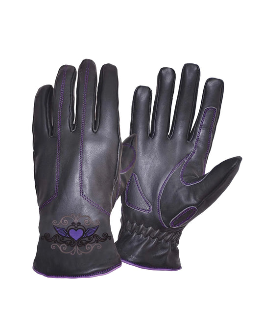 8144.17- Ladies Cowhide Purple Tribal Heart Design Full Finger Gloves