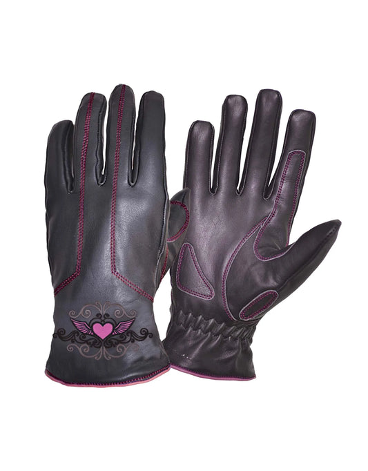 8144.24-Ladies Cowhide Pink Tribal Heart Design Full Finger Gloves
