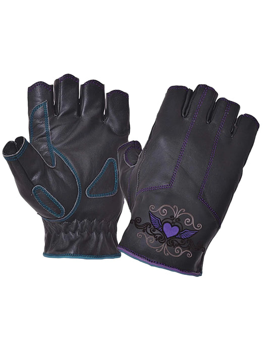 8145.17- Ladies Cowhide Purple Tribal Heart Design Fingerless Gloves