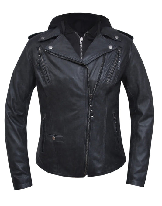 6841.GY- Women's Grey Leather Jacket With Hood