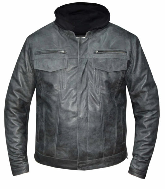 6905.GY- Men's Grey Leather Jacket With Hood