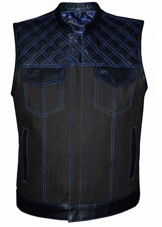6680- Men's Black & Blue Denim Leather Vest