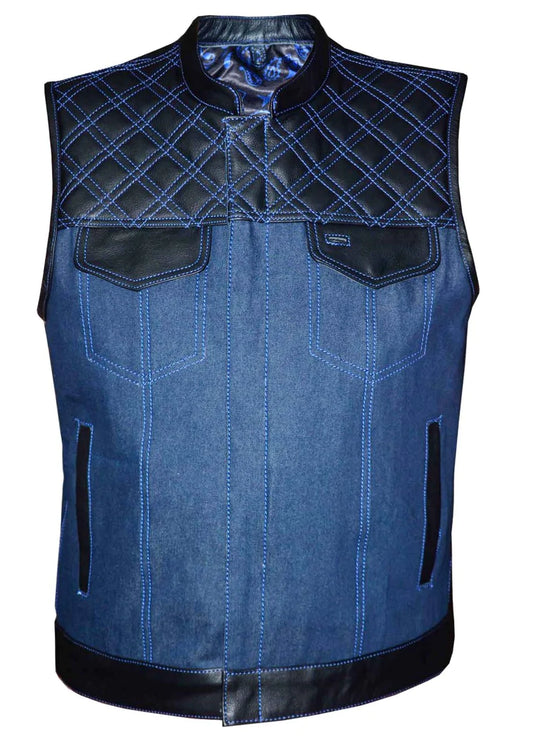 Men's Black & Blue Denim Leather Vest