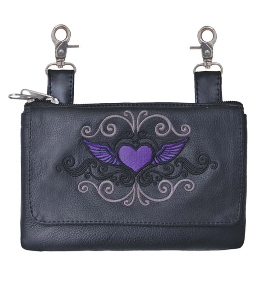 9737.17- Ladies Cowhide 8" x 5" Purple Tribal Heart Clip Bag