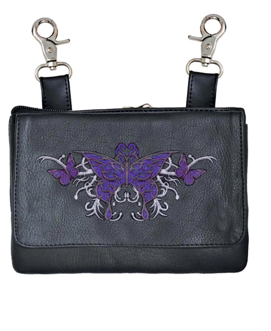 9700.17- Ladies 8" x 5" Cowhide Clip on Bag with Purple Butterfly Design