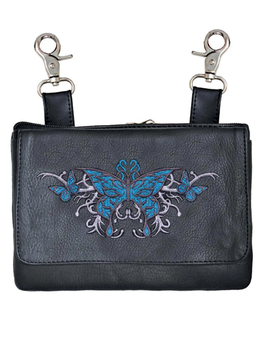 9700.5- Ladies 8" x 5" Cowhide Clip on Bag with Teal Butterfly Design
